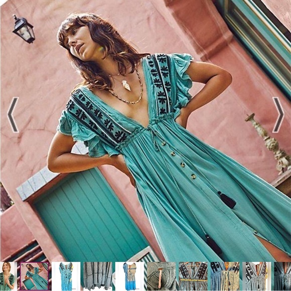 Free People Dresses & Skirts - Free People Blue Midi Dress with Black Embroidery